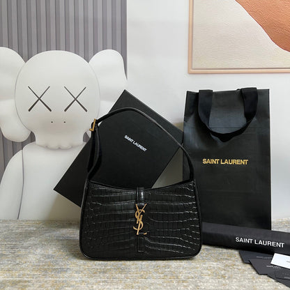 SAINT LAURENT Le 5 À 7 Green Crocodile-effect Leather Shoulder Bag In Black