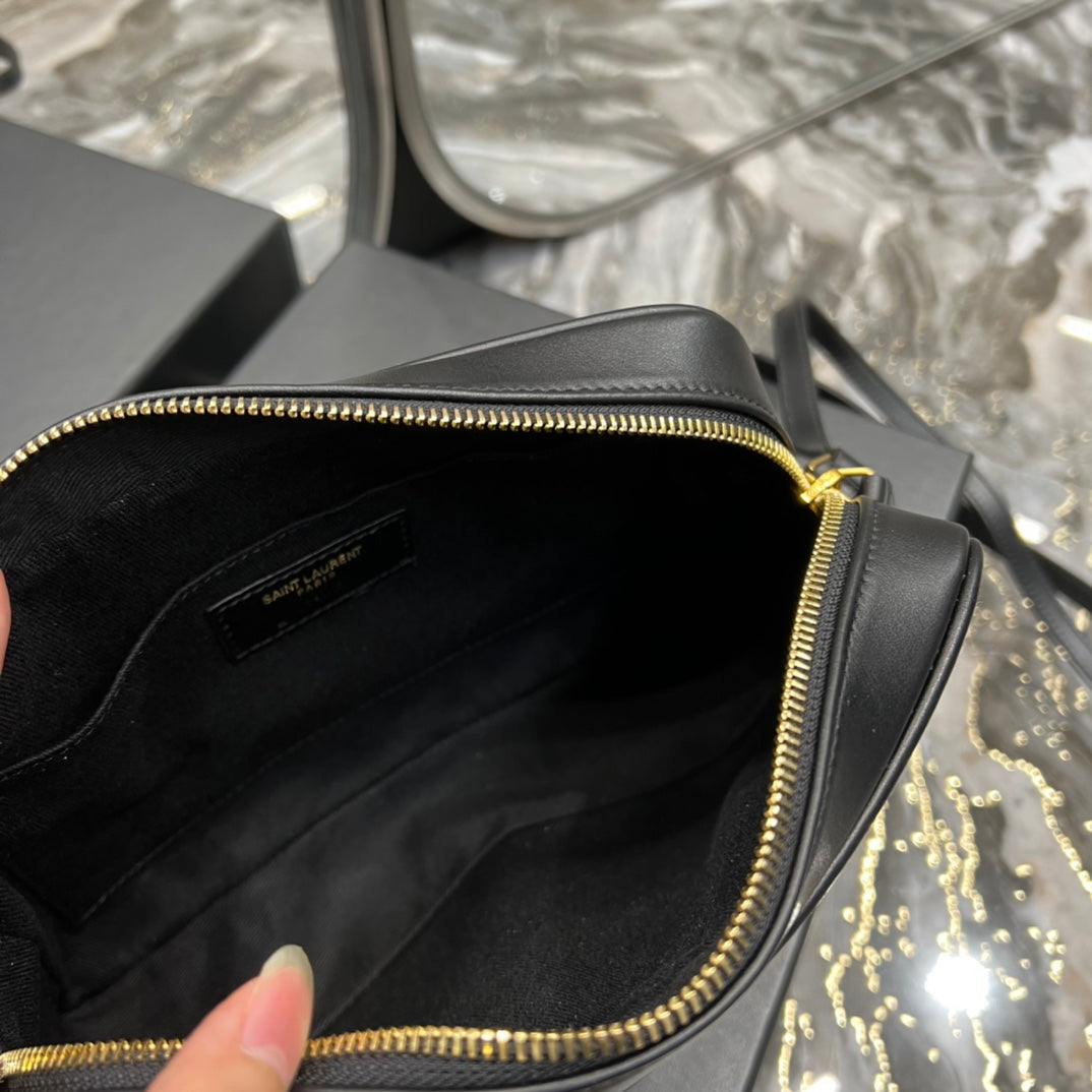 SAINT LAURENT Lou Medium Ysl Striped Canvas Camera Crossbody Bag In Grey Cream