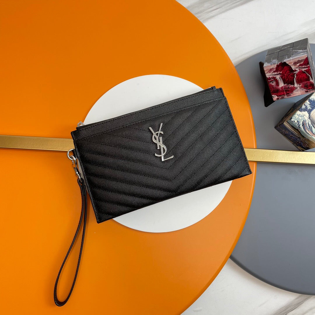 YSL CASSANDRE MATTELASÈ LARGE ZIPPED POUCH IN GRAIN DE POUDRE EMBOSSED LEATHER