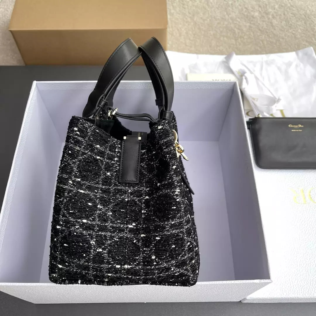 Christian Dior Calfskin Tweed Cannage Medium Toujours Black White