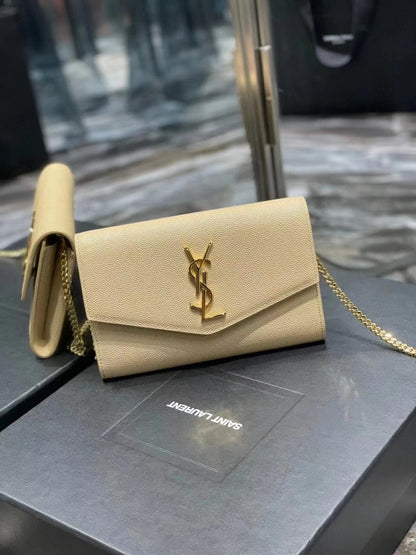 Saint Laurent Grain De Poudre Uptown Chain Wallet White