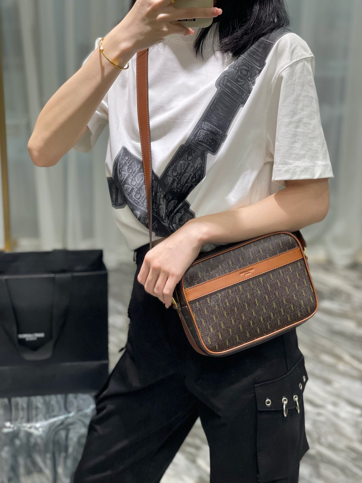 Saint Laurent  Canvas Smooth Calfskin Le Monogramme Camera Bag Chestnut