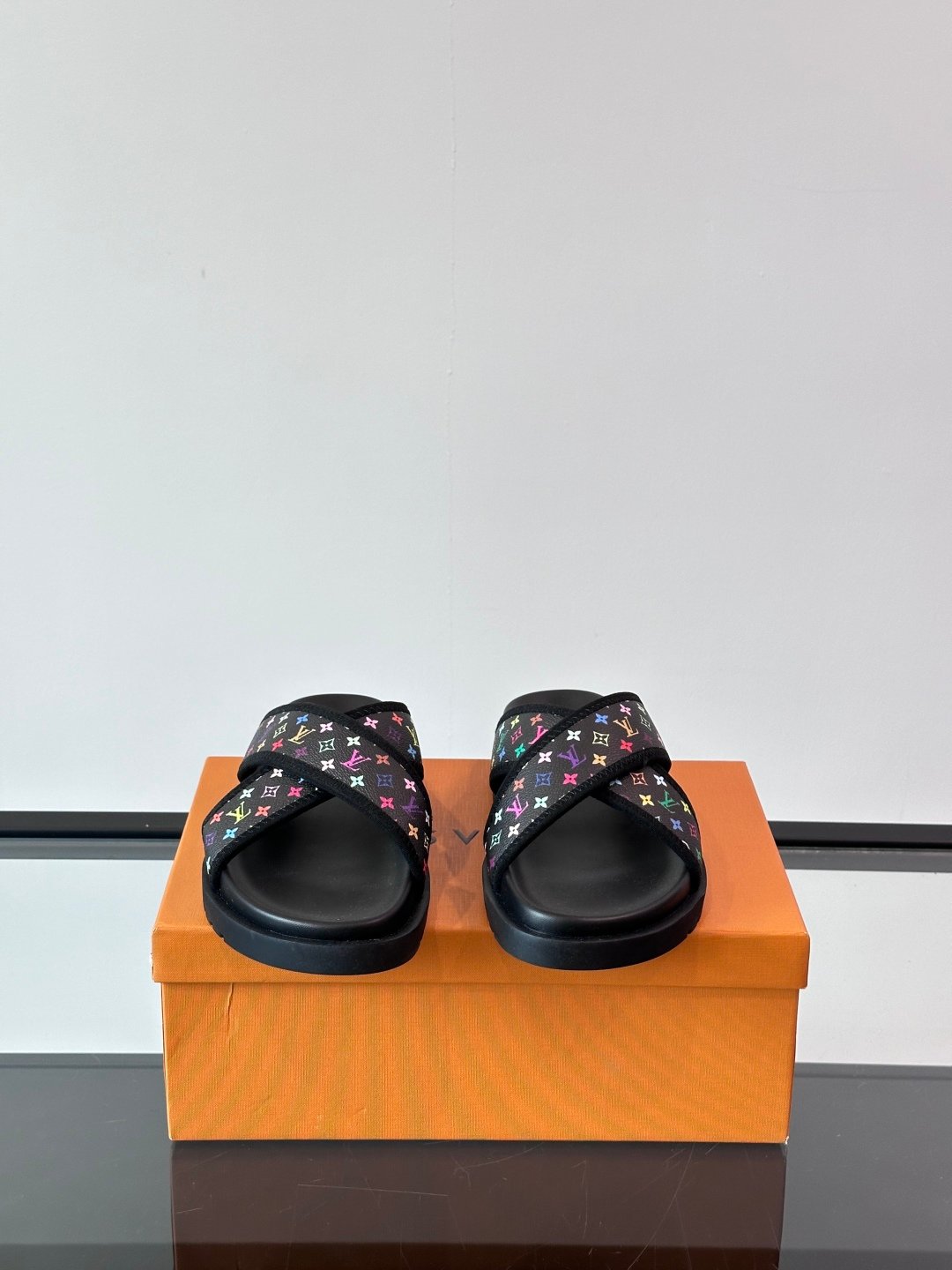 LV Men Black Multicolor Canvas Slides