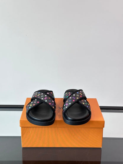 LV Men Black Multicolor Canvas Slides