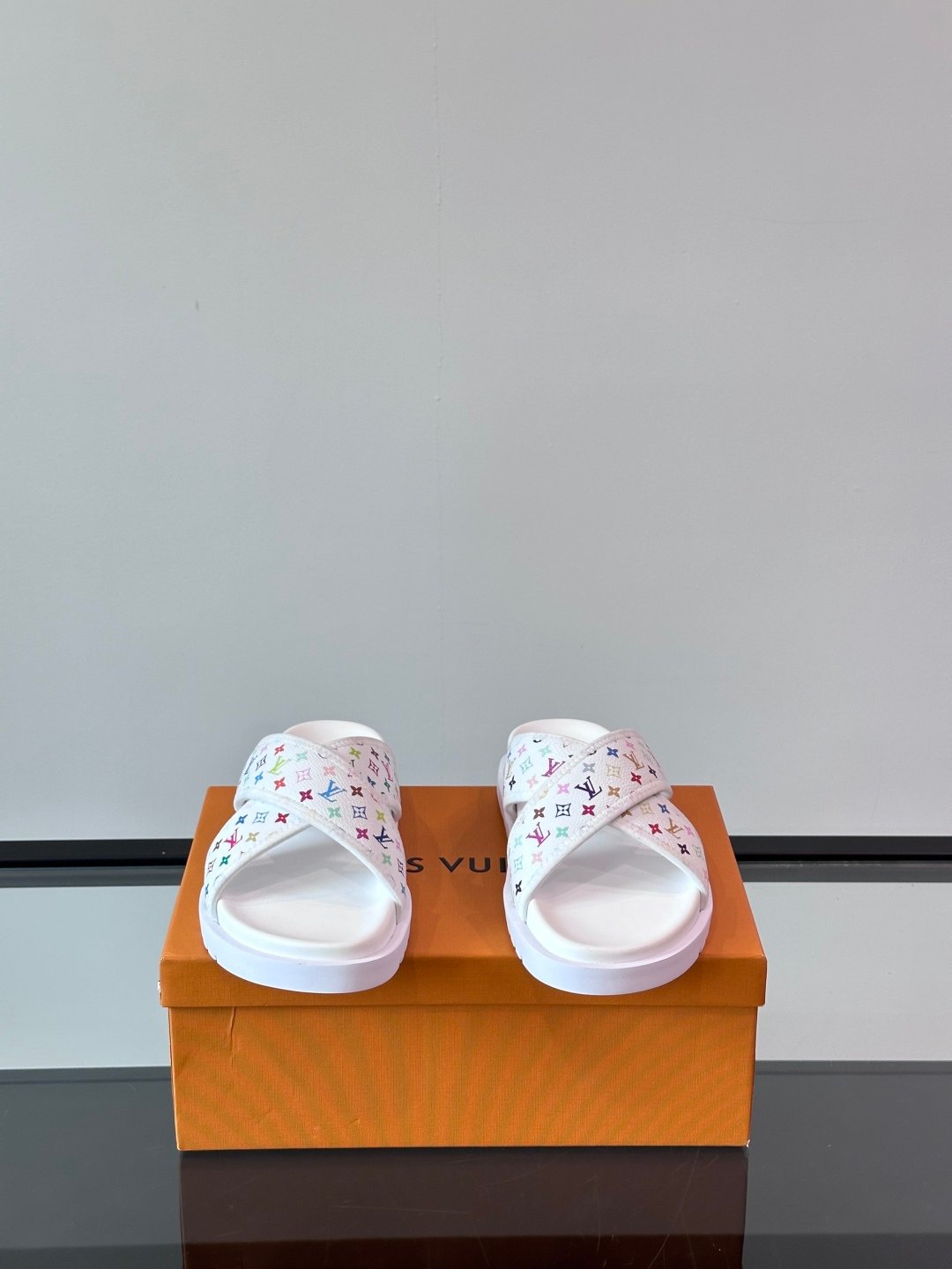 LV Men White Multicolor Leather Slides