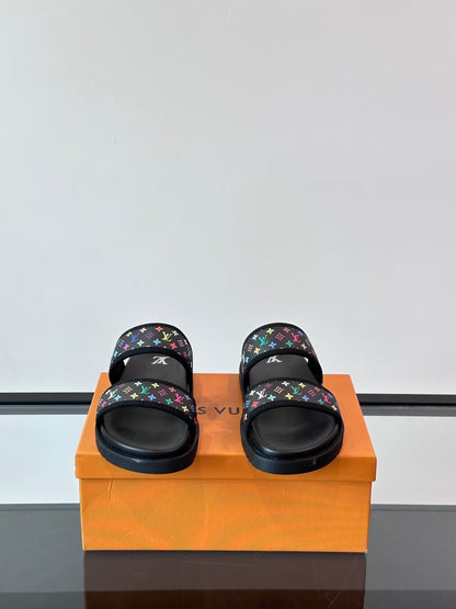 LV Men Black Canvas Double Strap Slides