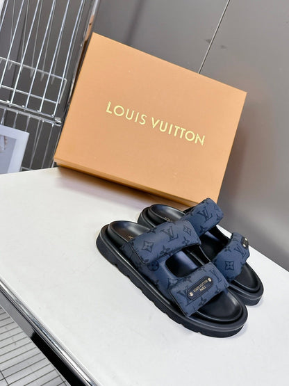 LV Women Blue Fabric Leather Sandals