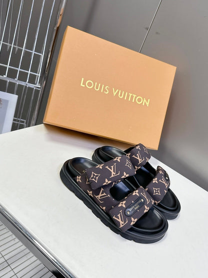 LV Women Black Brown Patterned Fabric Sandals