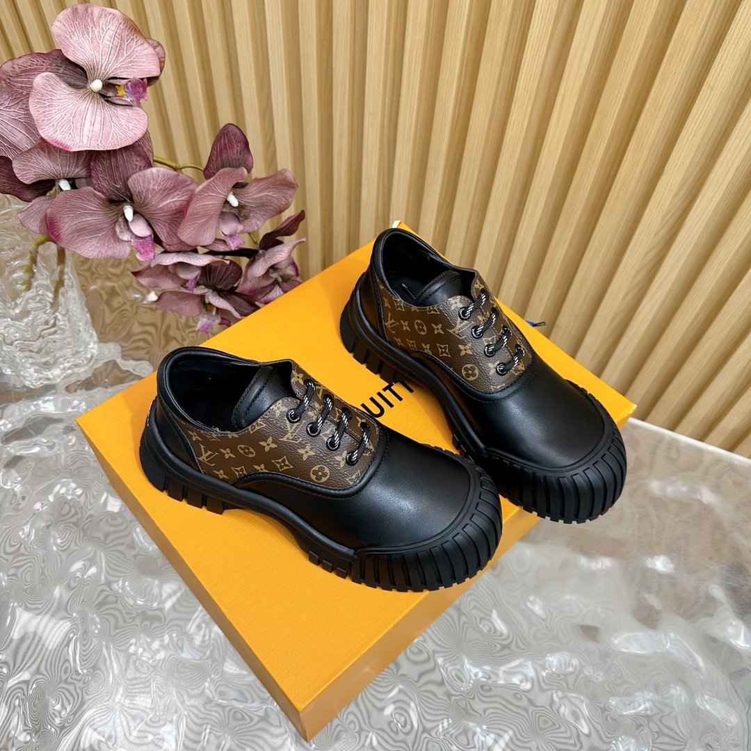 LV Women Black Leather Brown Patterned Sneakers