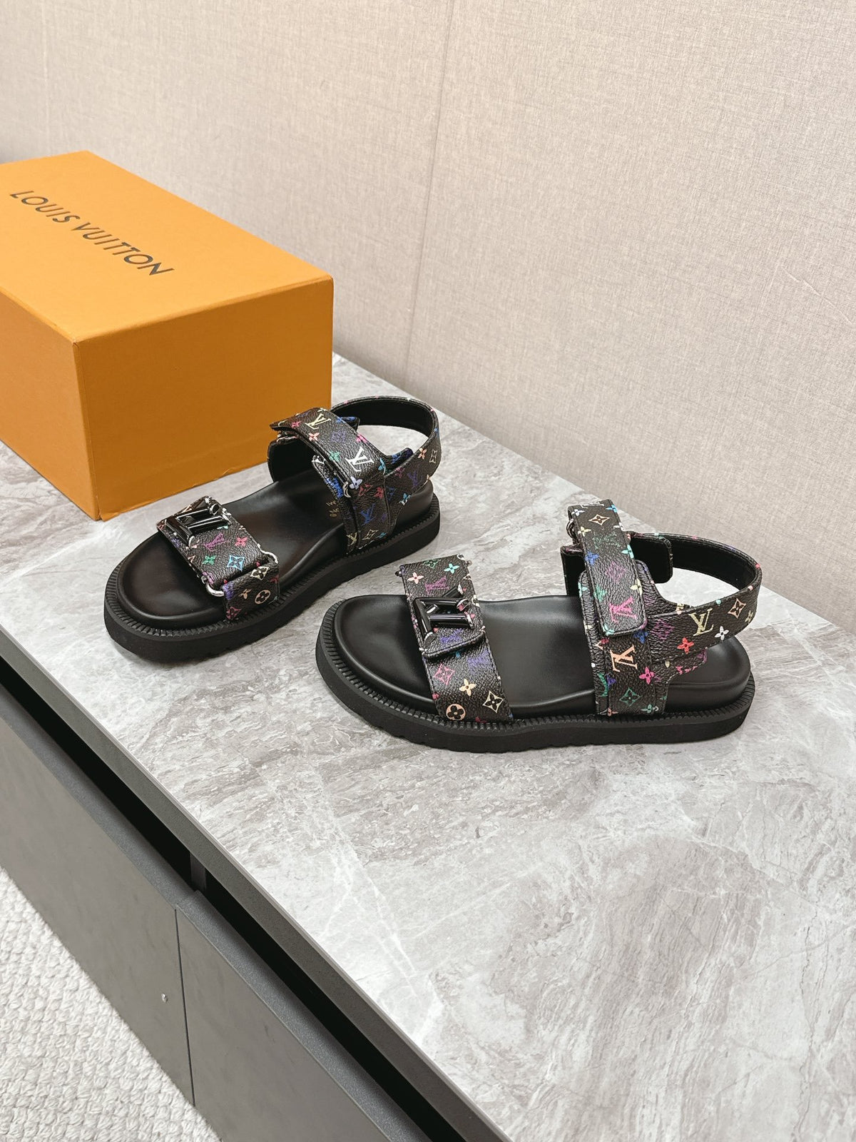 LV Women Black Multi Leather Strap Sandals