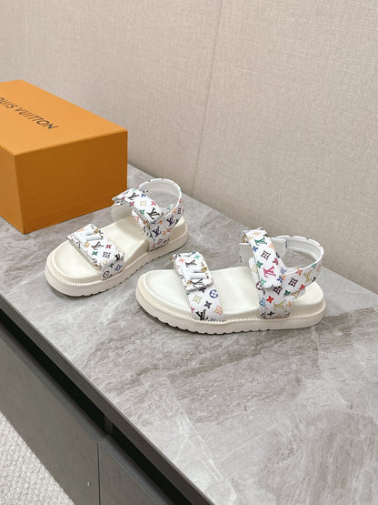 LV Women White Patterned Fabric Sandals