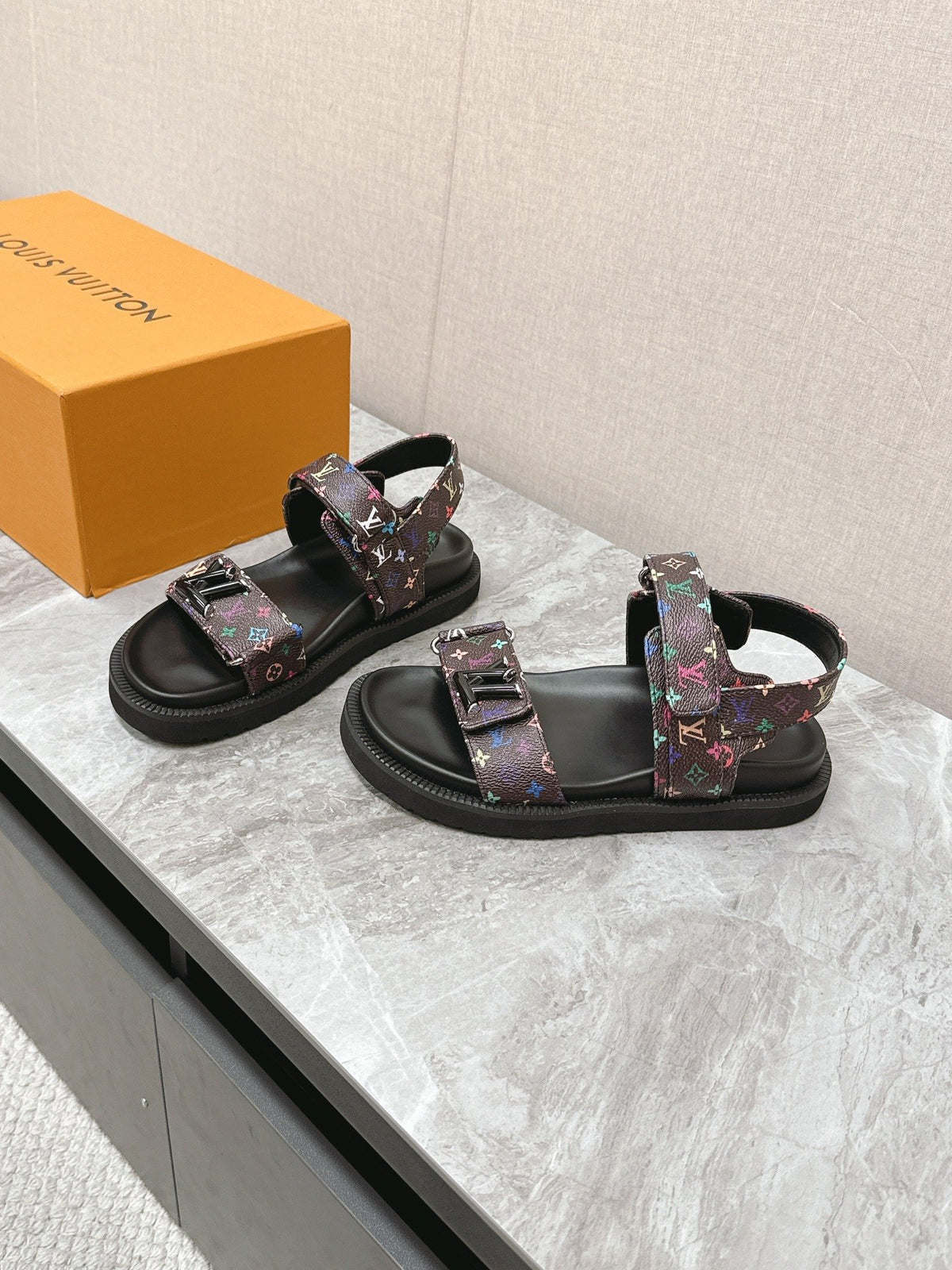 LV Women Multicolor Canvas Strap Black Sandals