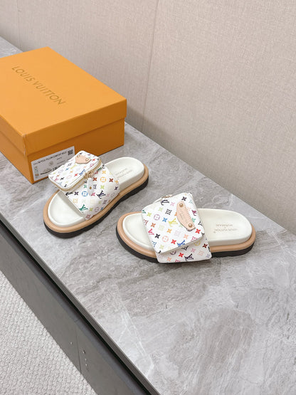 LV Women White Leather Multicolor Logo Mules