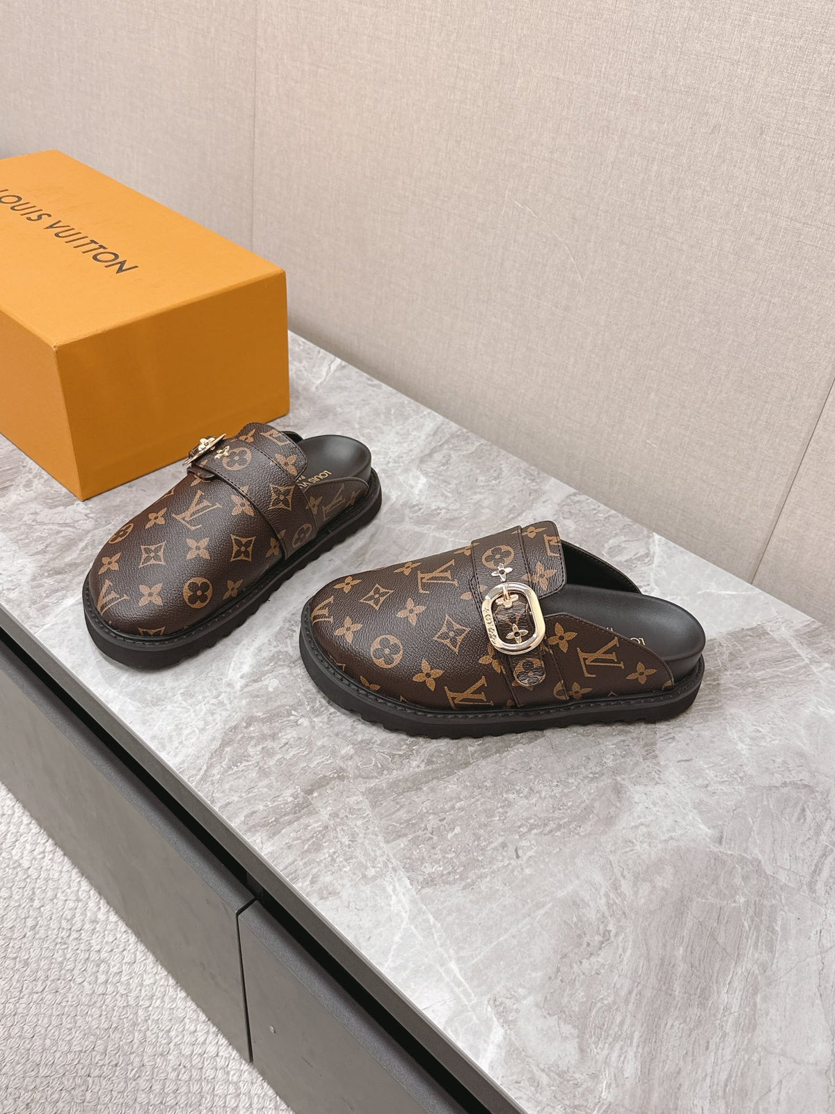 LV Women Brown Leather Monogram Mules