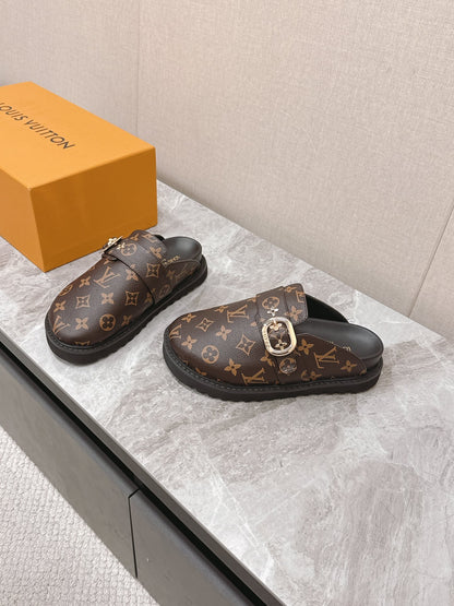 LV Women Brown Leather Monogram Mules
