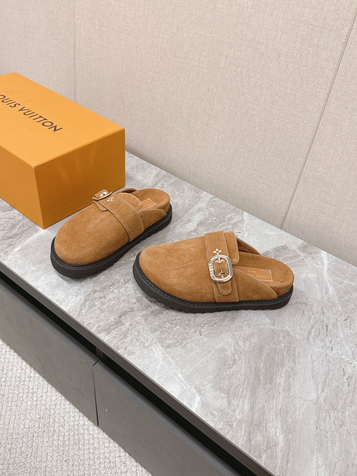LV Women Brown Suede Mules