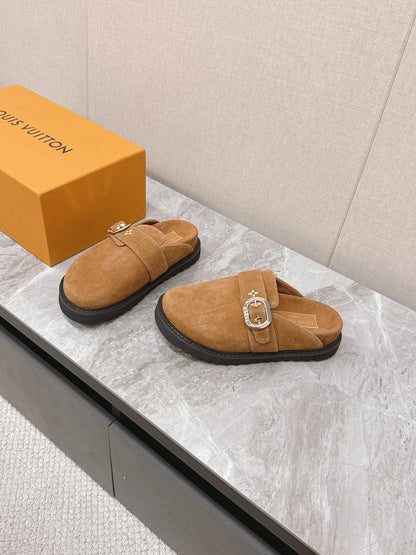 LV Women Brown Suede Mules