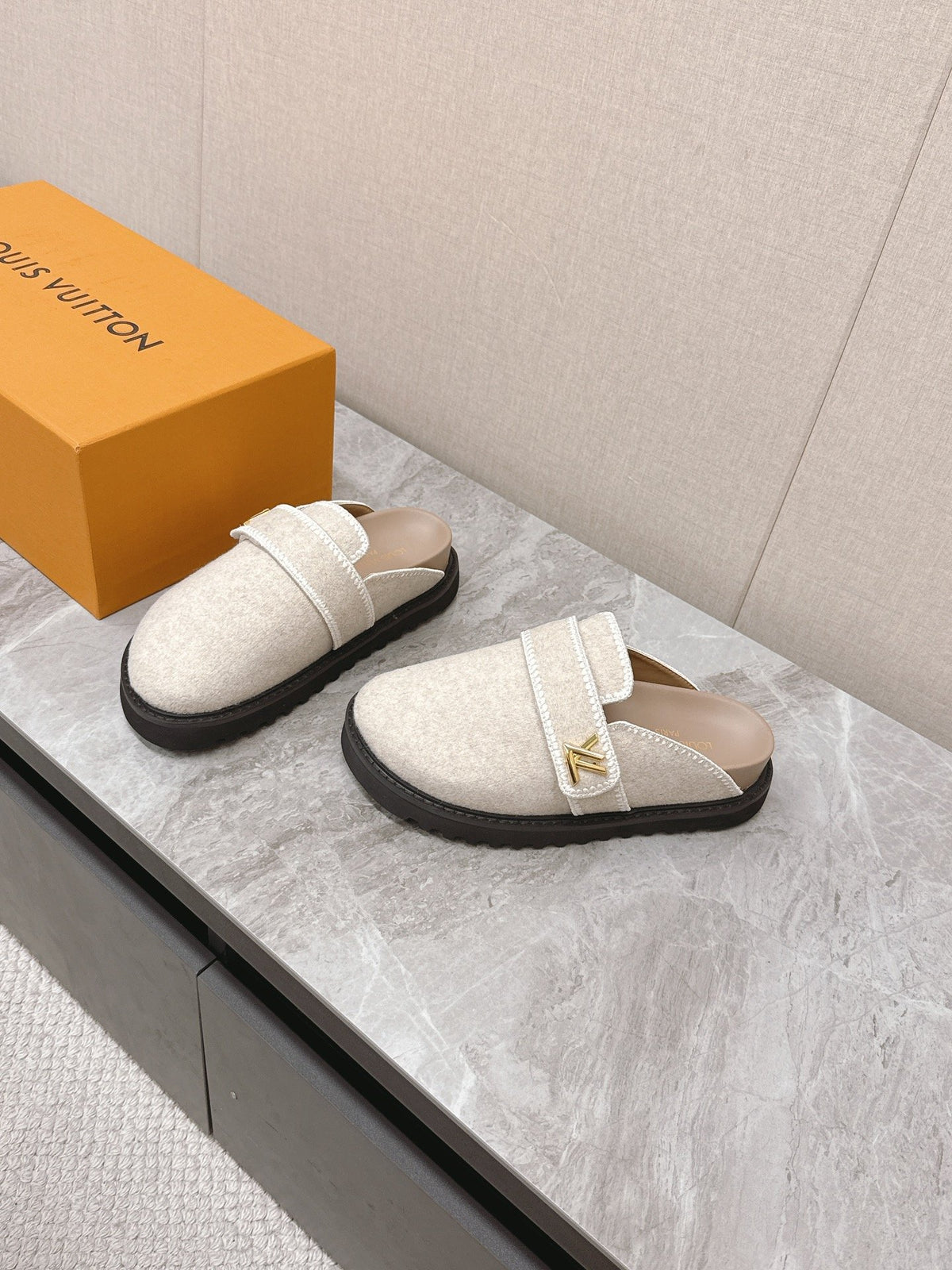 LV Women Beige Wool Mules