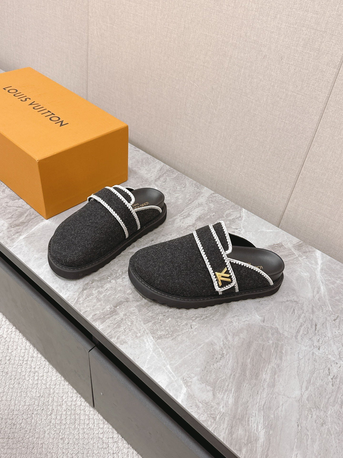 LV Women Black Felt Leather Trim Mules