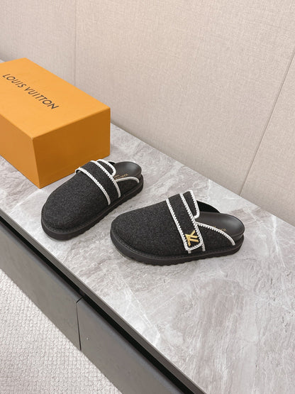 LV Women Black Felt Leather Trim Mules