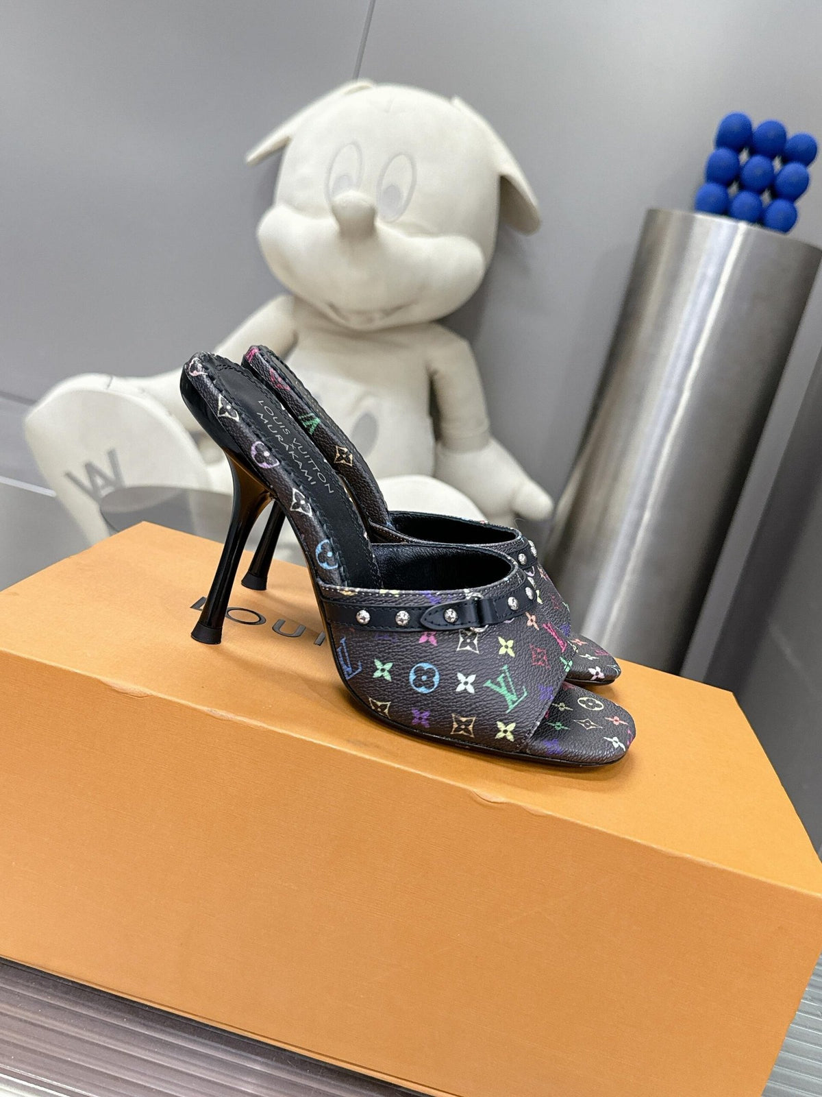 LV Women Black Leather Multicolor Logo Mules