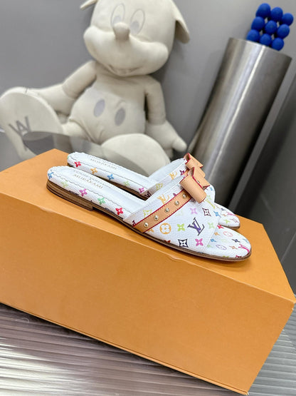 LV Women White Leather Multicolor Monogram Mules