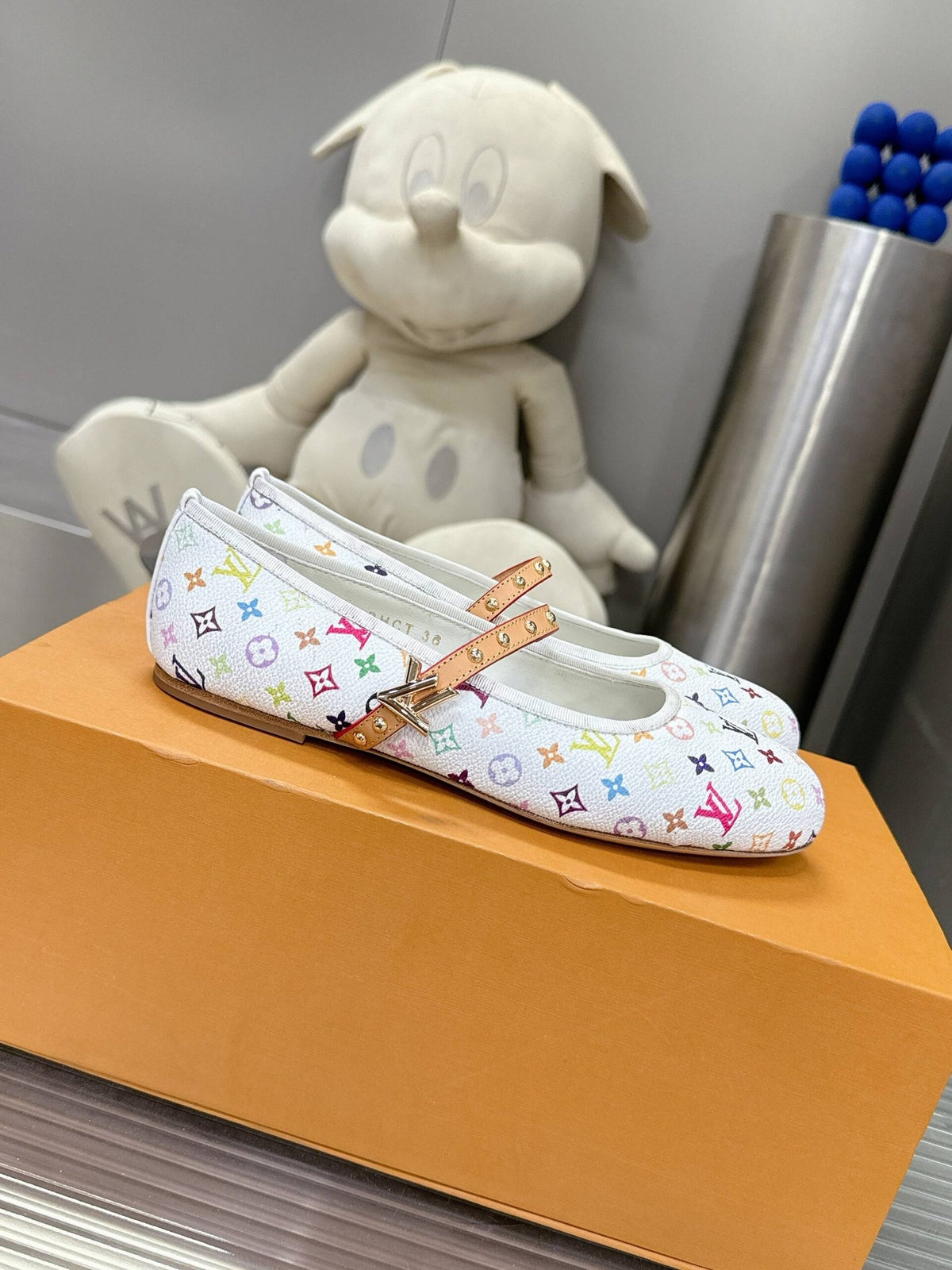 LV Women White Canvas Multicolor Print Leather Strap Flats