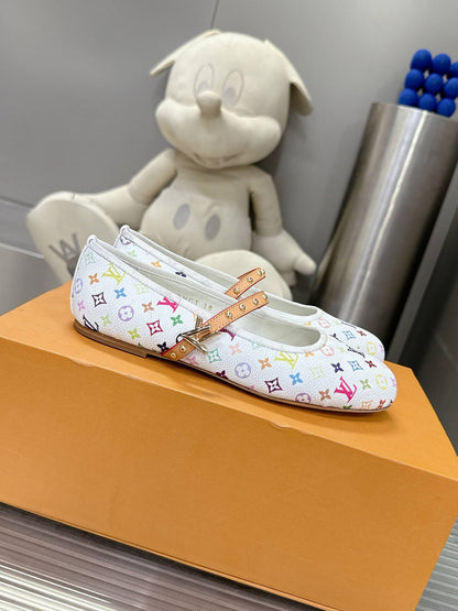LV Women White Canvas Multicolor Print Leather Strap Flats