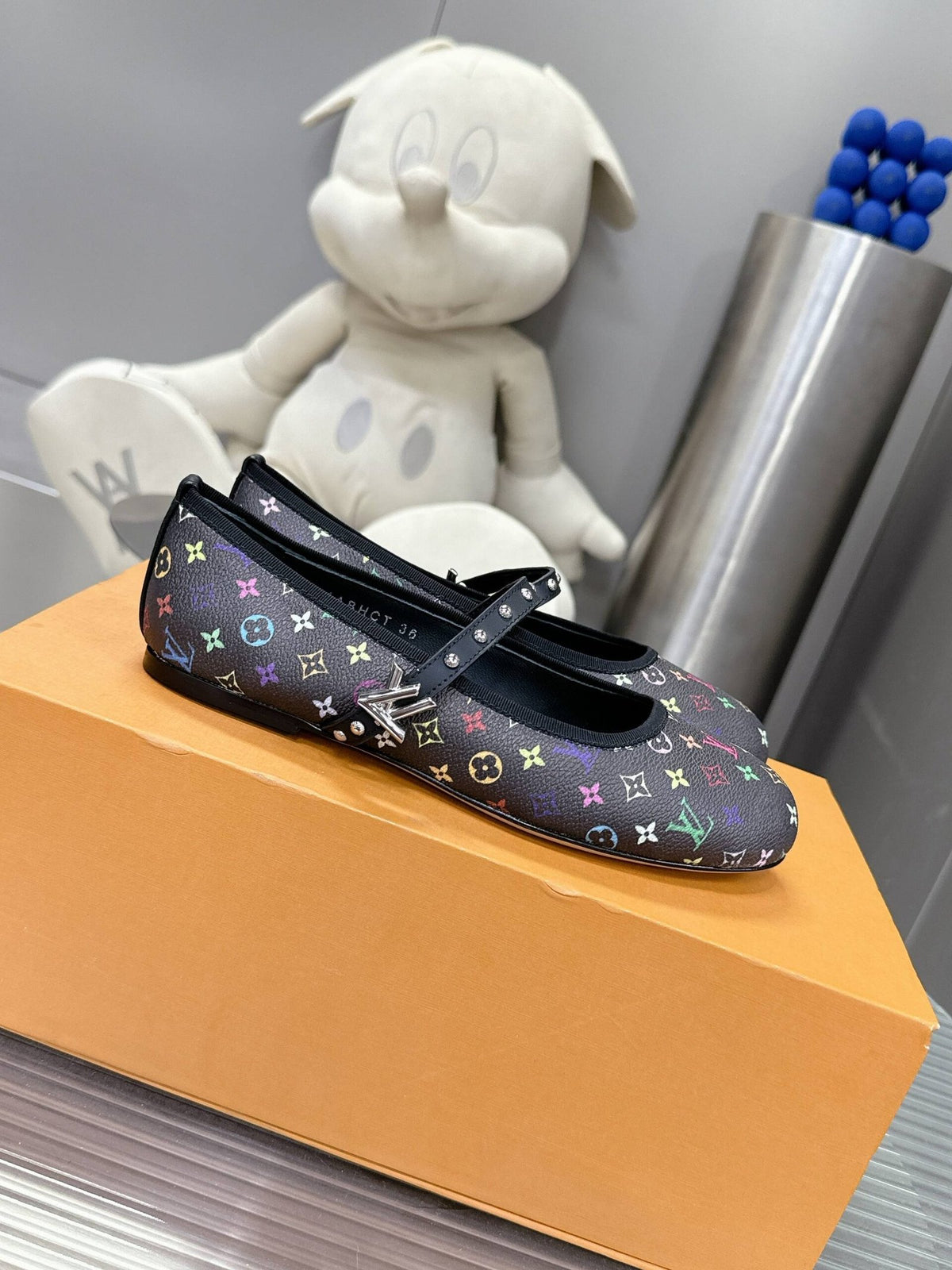 LV Women Black Leather Multicolor Monogram Mary Jane Flats