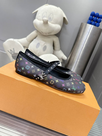 LV Women Black Leather Multicolor Monogram Mary Jane Flats