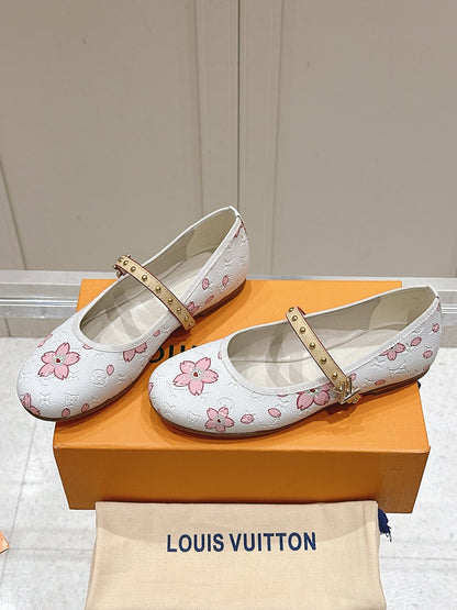 LV Women White Leather Pink Floral Mary Janes