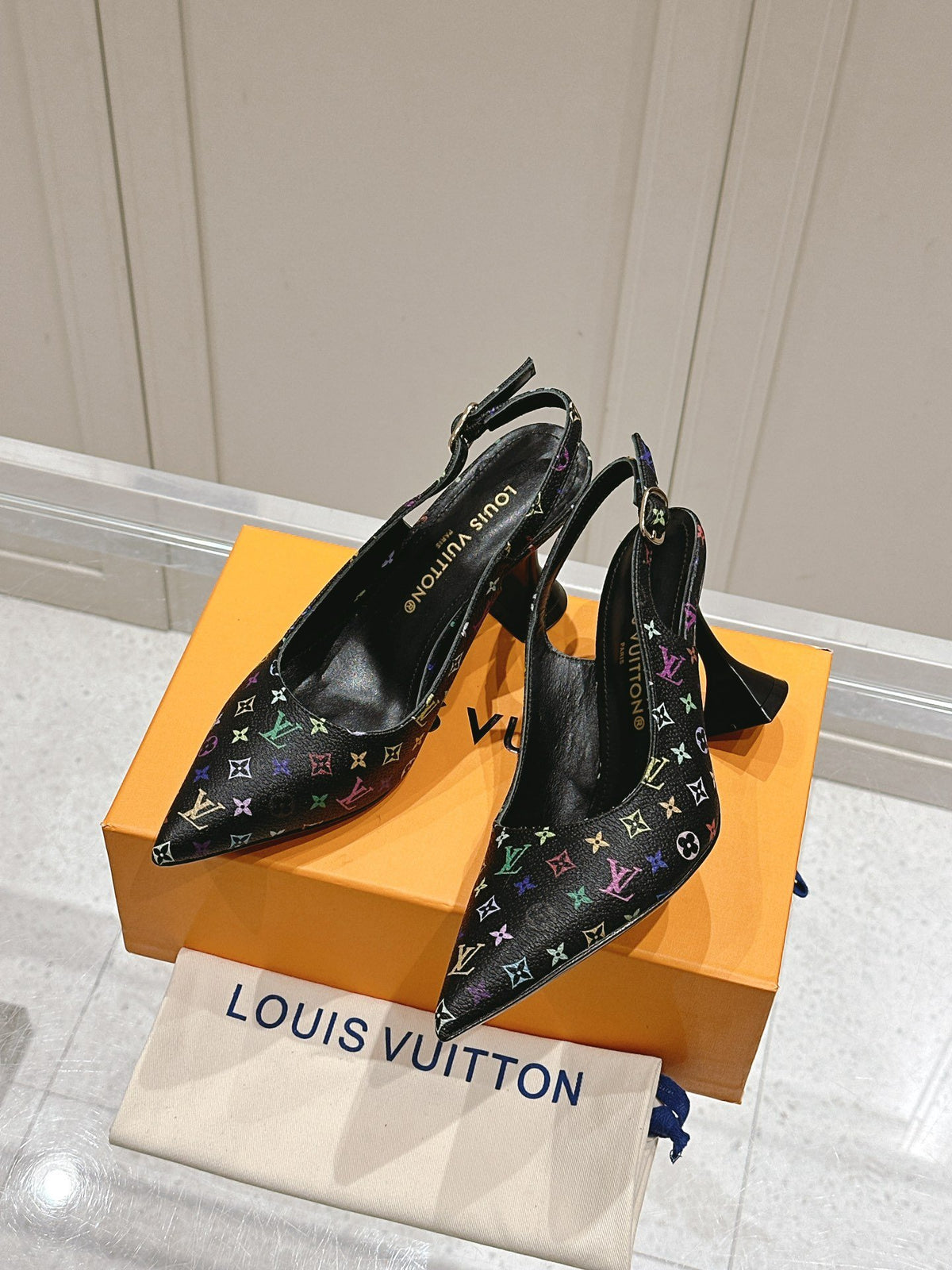 LV Women Black Patterned Leather Heels