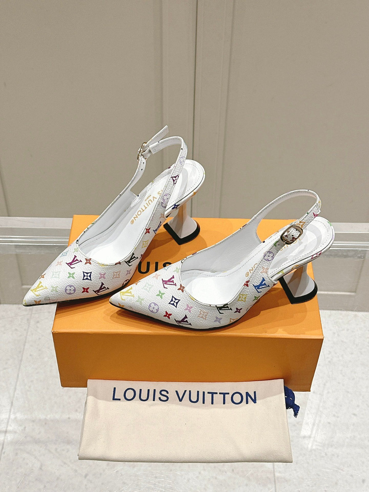 LV Women White Leather Multicolor Logo Heels