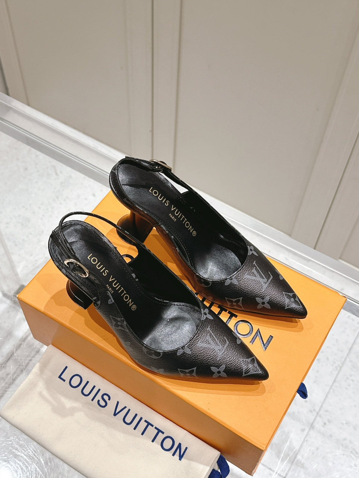 LV Women Black Patterned Leather Heels