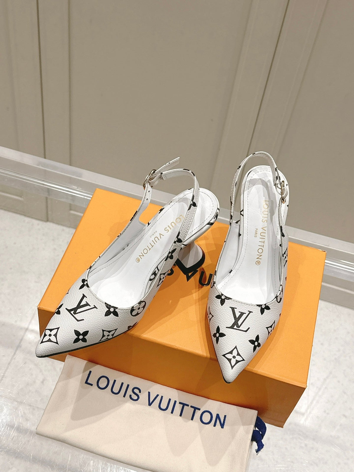 LV Women White Leather Monogram Slingback Heels