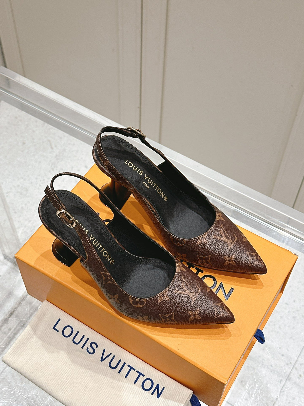 LV Women Brown Leather Patterned Slingback Heels