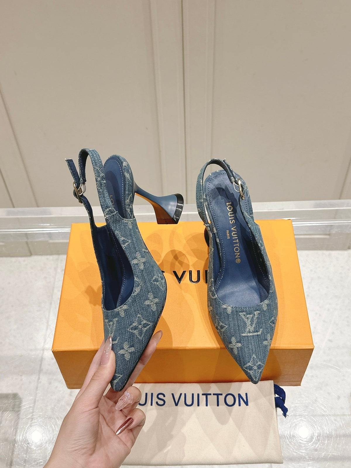 LV Women Blue Denim Leather Trim Slingback Heels