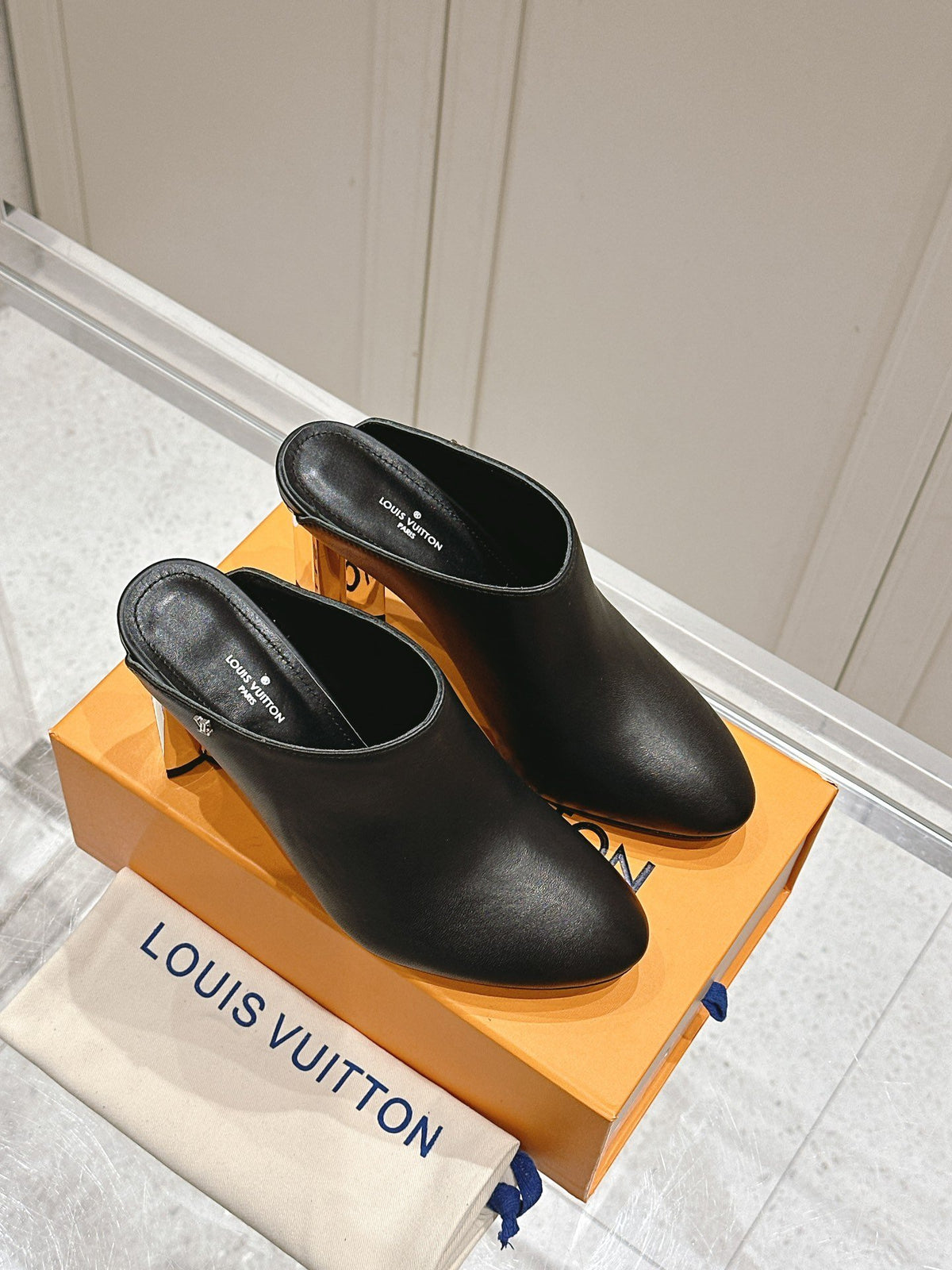 LV Women Black Leather Mules Heels