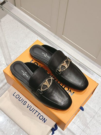 LV Women Black Leather Slip-On Mules