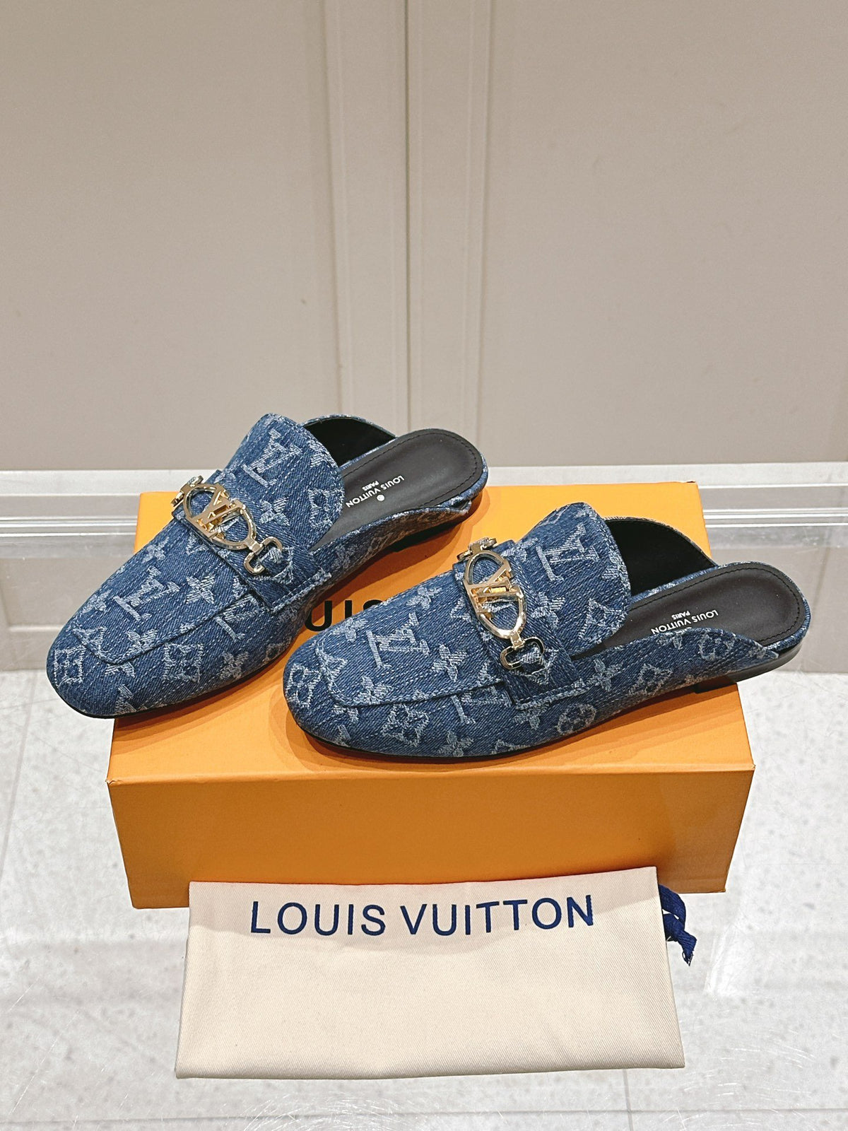 LV Women Blue Denim Leather Mules