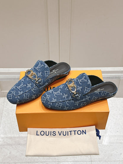 LV Women Blue Denim Leather Mules