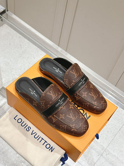LV Women Brown Leather Monogram Mules