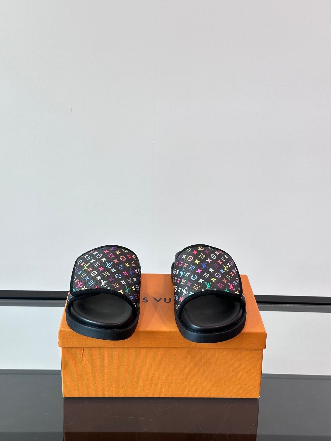 LV Men Black Canvas Multicolor Print Slides