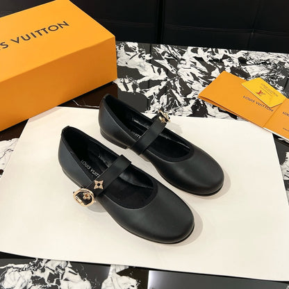 LV Women Black Leather Mary Jane Flats
