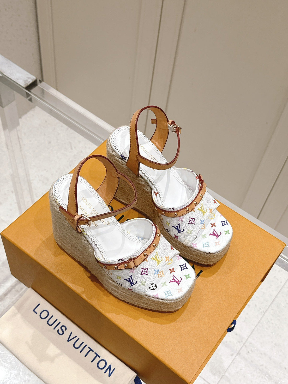 LV Women White Leather Multicolor Print Wedge Sandals