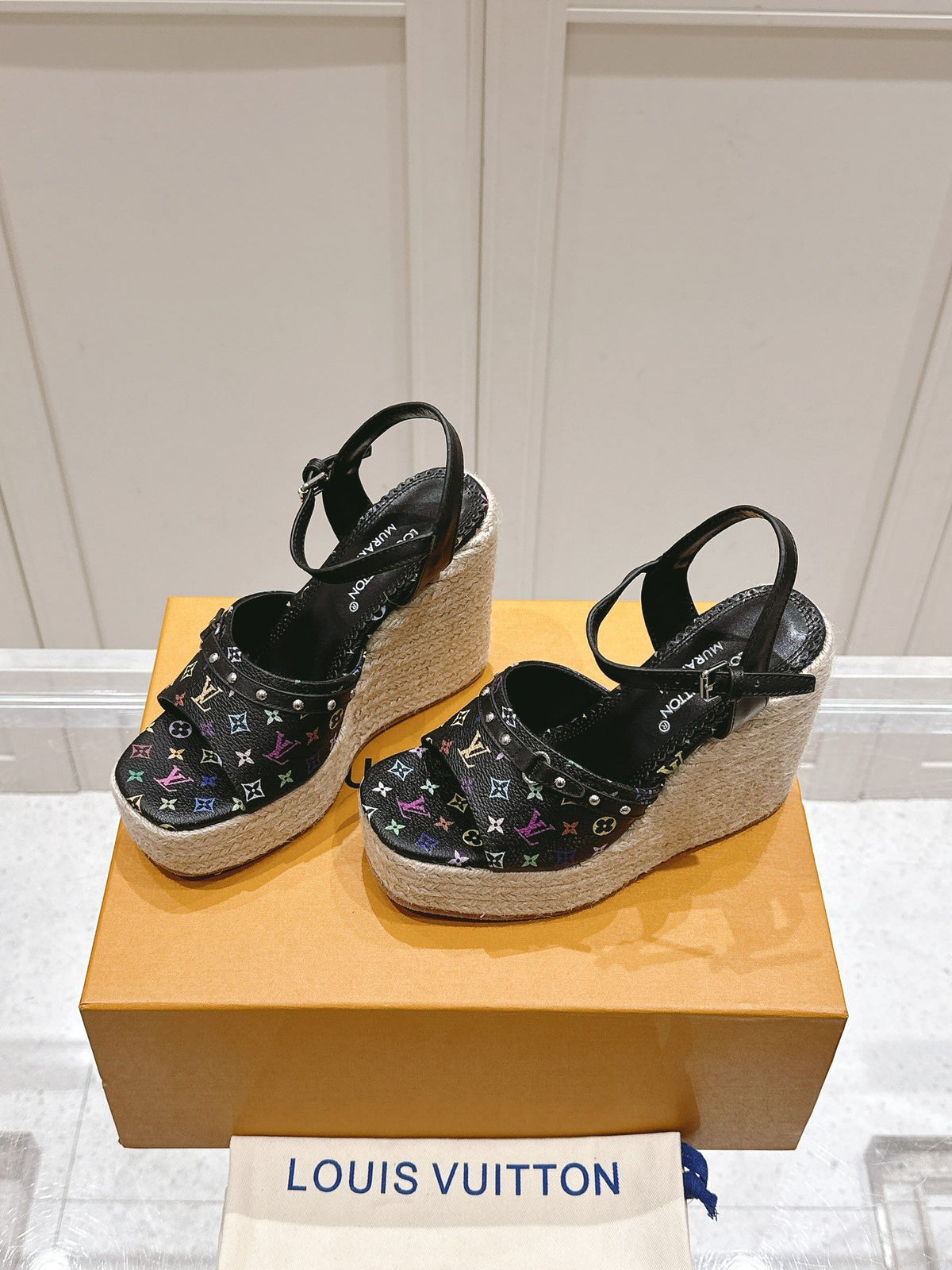 LV Women Black Leather Espadrille Wedge Sandals