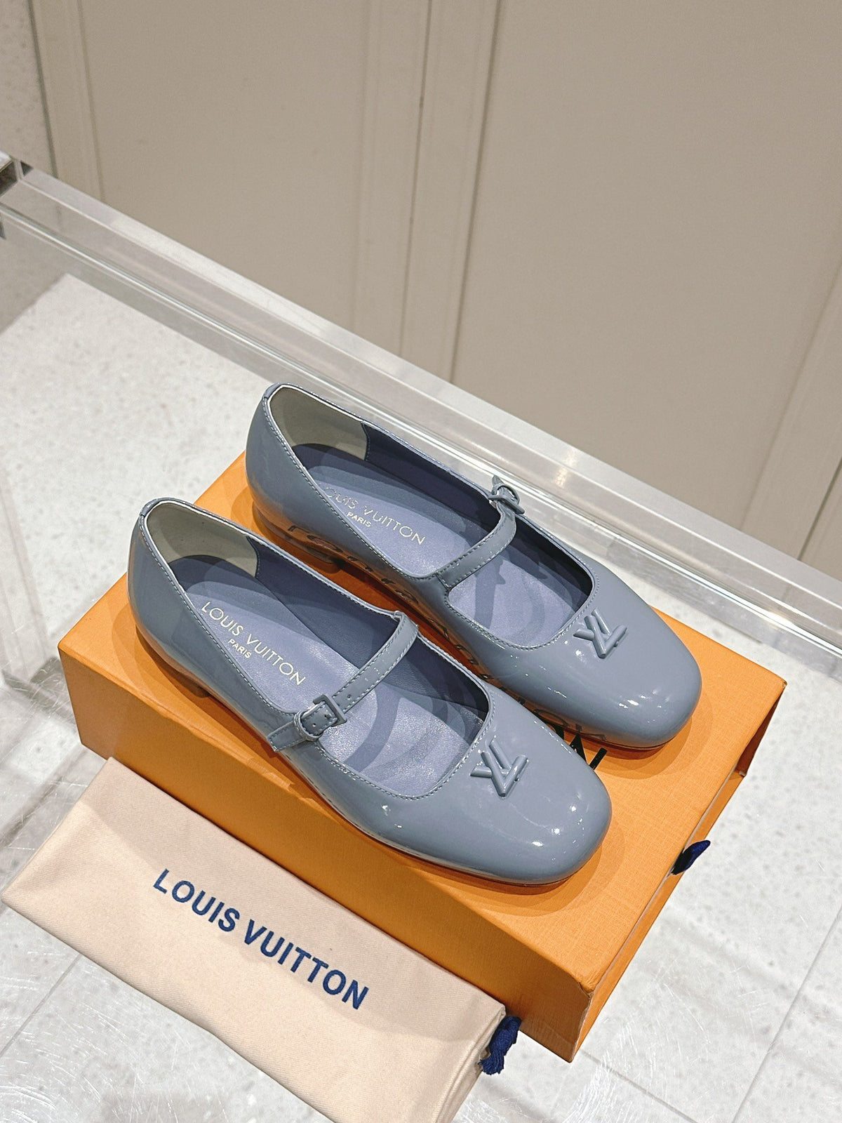 LV Women Light Blue Patent Leather Mary Jane Loafers