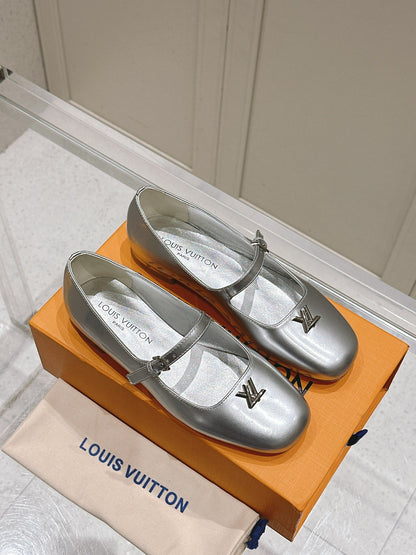 LV Women Silver Leather Mary Jane Flats