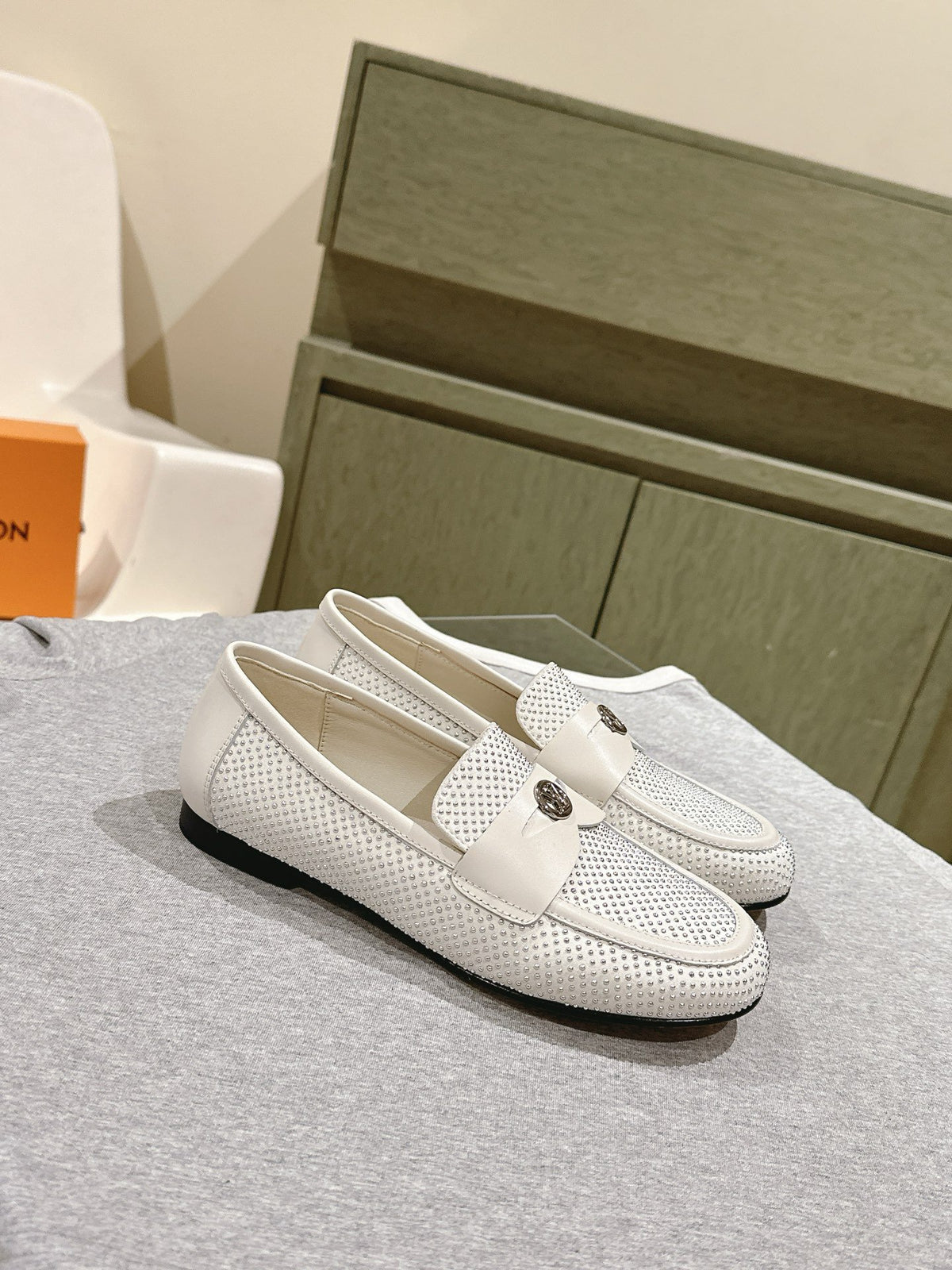 LV Women White Leather Studded Loafers