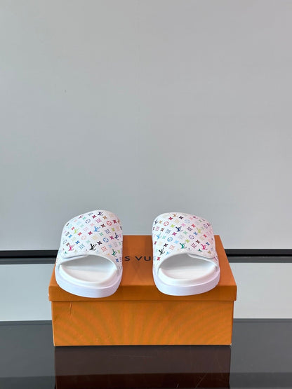 LV Men White Patterned Leather Slides